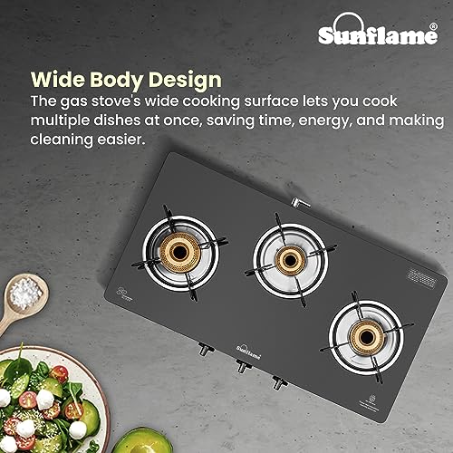 Sunflame Crystal Nova 3 Burner Gas Stove | Dual Drip Trays | 1 Jumbo, 1 Medium and 1 Small Brass Burner | 2 Year Product Coverage by Sunflame | Manual Ignition | PAN India Presence