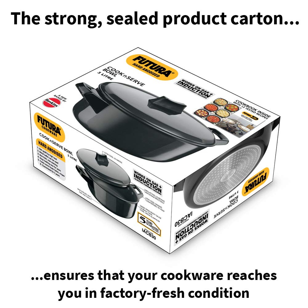 Hawkins Futura 3 Litre Cook n Serve Bowl, Hard Anodised Saucepan with Hard Anodised Lid, Induction Pan, Sauce Pan for Cooking and Serving, Black (IACB30) (Aluminium)