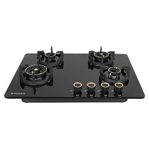 Faber 70cm 4 Burner Hob | Auto Electric | Built-In or Hobtop | Brass Burners | Cast Iron Pan Support | Glass Finish | Metal Knobs | Warranty 5 Years on Glass and Valves | HOB EXPERIA HT704 AL