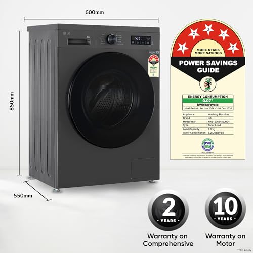 LG 8 Kg 5 Star Wi-Fi, Direct Drive Technology, Steam Wash, 6 Motion DD, Fully-Automatic Front Load Washing Machine (FHB1208Z4M, Allergy Care, In-Built Heater, Touch Panel, 2024 model, Middle