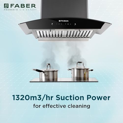Faber 60 cm 1320 m³/hr Curved Glass Kitchen Chimney | 3 Layer Baffle Filter | Gravity Suction| Touch&Gesture Control | Oil Collector | 12 years warranty on Motor| Hood Feel Pro TC SC BF BK 60