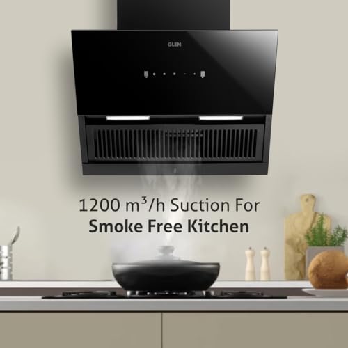 GLEN 90 cm 1200 m3/hr Auto-Clean Filterless Angular Glass Kitchen Chimney (Hood Neo Ex,Touch+Motion Sensor Controls,Black)