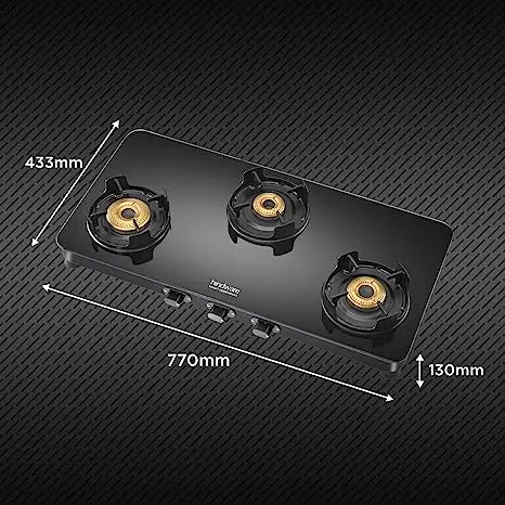 Hindware ALVERIO 3 Burner Glass Gas Stove with 8mm Thick Toughened Glass, Brass Burners, Scratch Resistant and Safe for Utensils (Black, Manual Ignition)