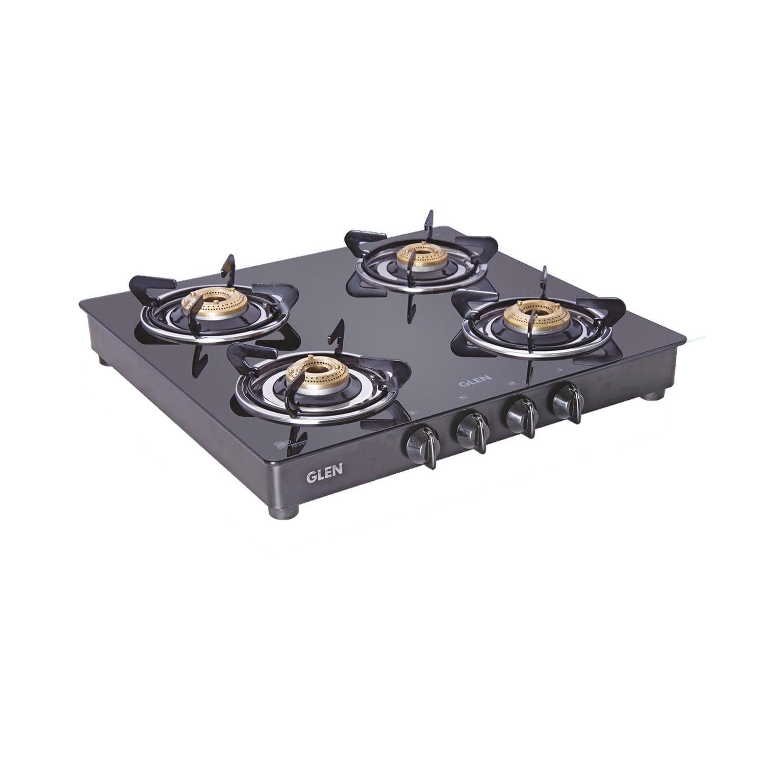 Glen 4 Burner LPG 6mm Thick Toughened Glass Top Gas Stove|Brass Burner|ISI Certified|Manual Ignition|Black|Drip Trays|Revolving Inlet Nozzle|2 Year Warranty On Product|CT4B55BLBB