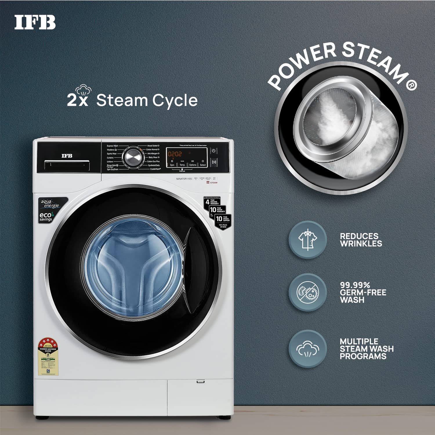 IFB 8 Kg 5 Star Front Load Washing Machine 2X Power Steam (Senator VSS 8012, White & Black, In-built Heater, 4 years Comprehensive Warranty)