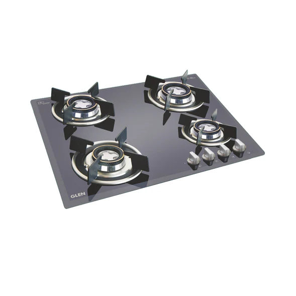 Glen 4 Burner Built in Glass Hob with Double Ring Forged Brass Burner Auto Ignition (1064 DLX DB)