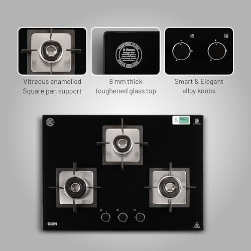Glen 3 Burner Built In Glass Hob | Auto Ignition | 8 MM Toughened Glass | Black |Italian Burner with Double Ring Flame| |Warranty 2 Years Standard & 5 Years Glass |1073 SQ HT IN 70
