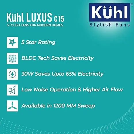 KUHL Stylish Fan Luxus C15 | 30W | BLDC Technology | 5-Star Rated | Operate on Remote-Mobile-Alexa | Night & Down Light |1200 mm sweep | Aerodynamic ABS 5 Blades | Reverse Mode | White (C15, White)