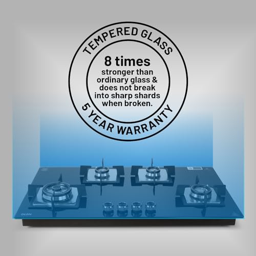Glen 4 Burner Built In Glass Hob | Auto Ignition | 8 MM Toughened Glass | Black |Forged brass burners with double-ring flames | Warranty 2 Years Standard & 5 Years Glass |1094 XL SQ HT DB TR