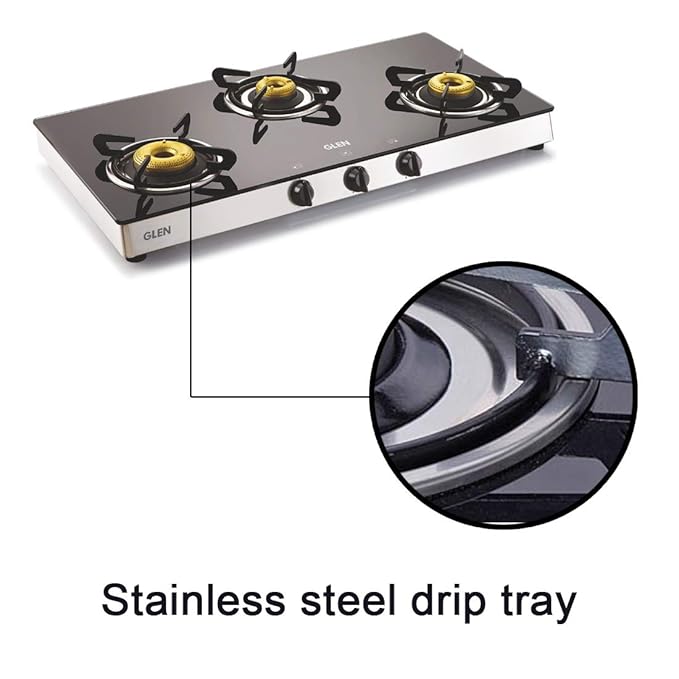 Glen 3 Burner LPG Glass Gas Stove High Flame Forged Brass Burner, Double Drip Trays Extra Wide Black (1038 GT FB)