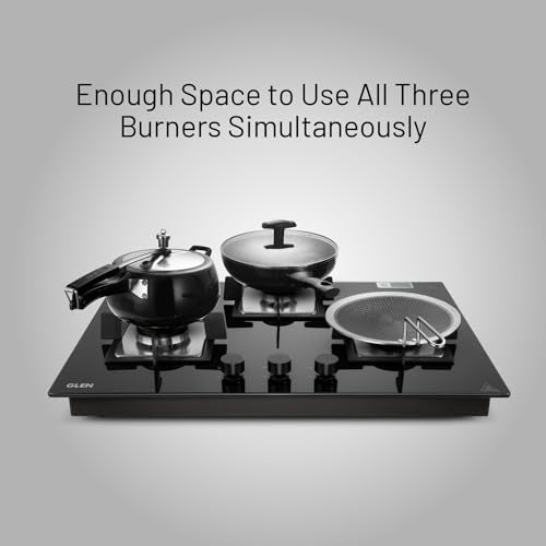 Glen 3 Burner Built In Glass Hob | Auto Ignition | 8 MM Toughened Glass | Black |Forged Brass Burner with Double Ring Flame |Warranty 2 Years Standard & 5 Years Glass |1073 SQ HT DB 70