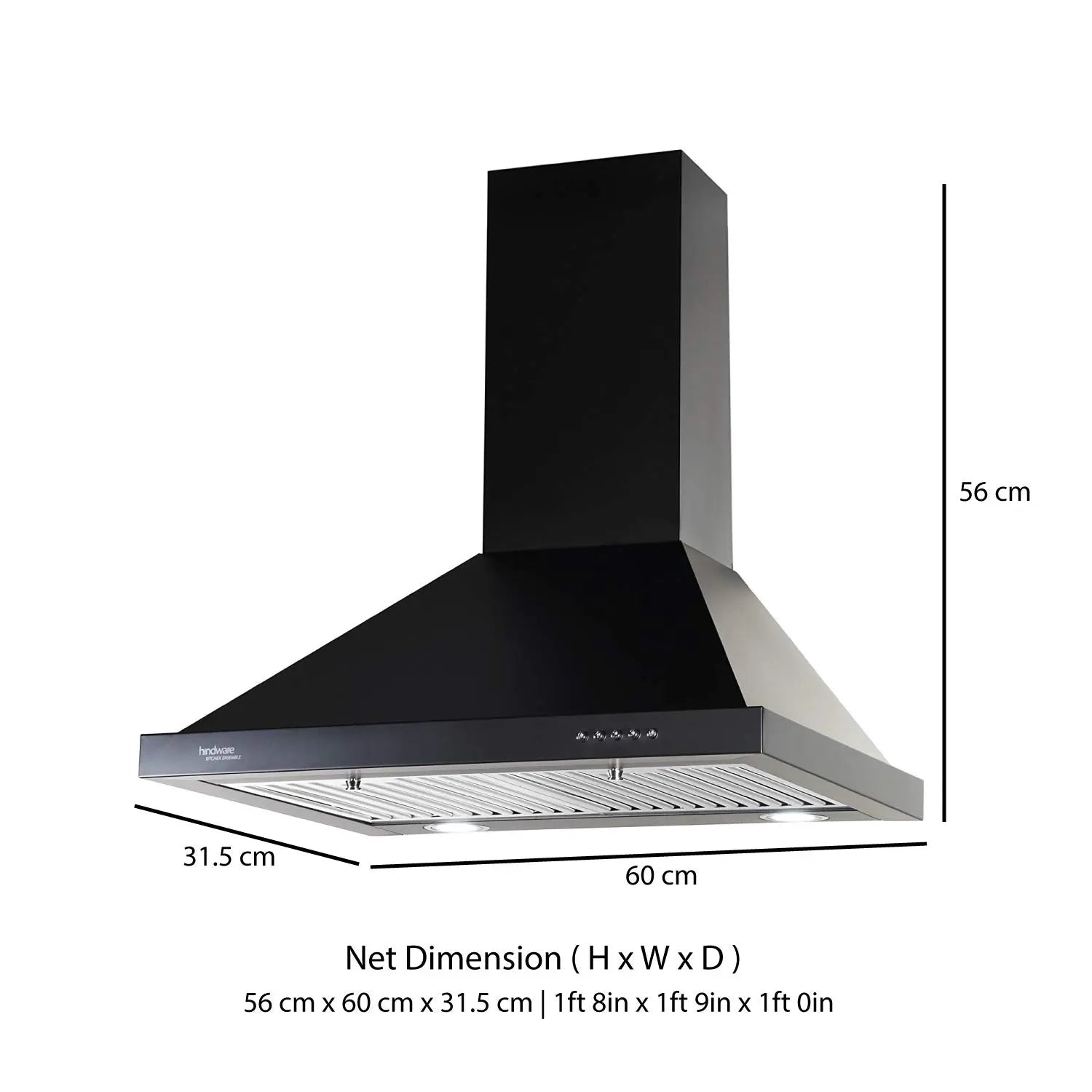Hindware 60cm 1000 m3/hr Chimney (Blaze Black 60, 2 Baffle Filters, Black)