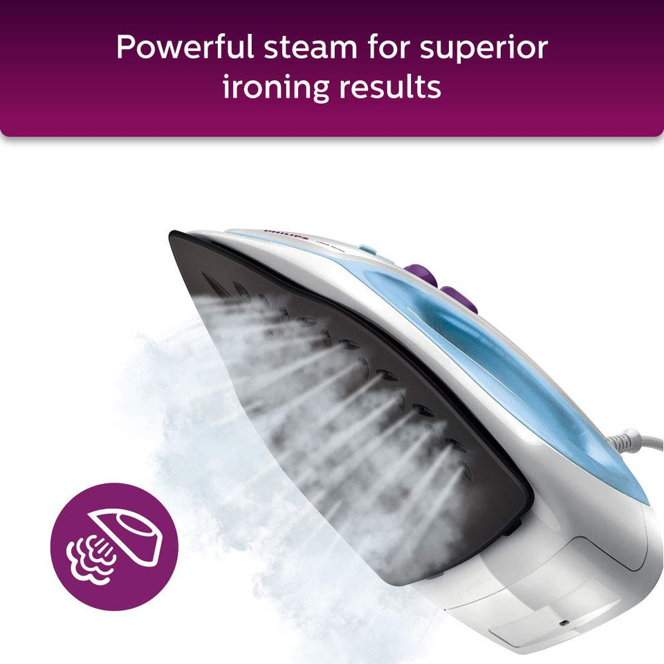 Philips GC1905/21 steam iron with steam coming out of the soleplate vents under the text powerful steam for superior ironing results