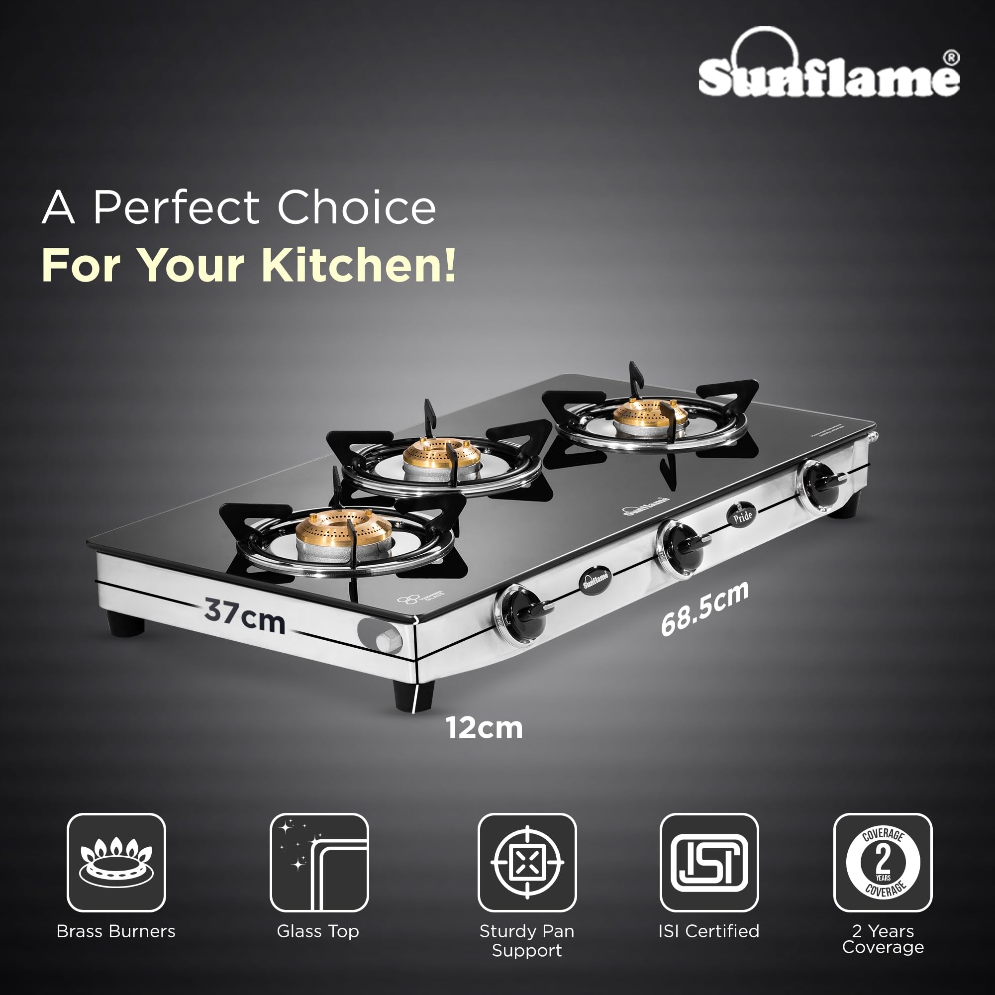 Sunflame Pride 3 Burner Gas Stove | 2 Small and 1 Medium Brass Burners | 2-Year Product Coverage by Sunflame| Ergonomic Knobs | Easy to Maintain l Toughened Glass Top | PAN India Presence