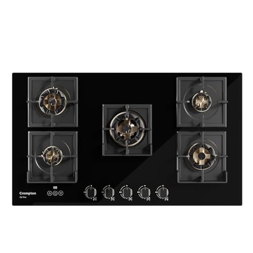 Crompton Optime 90 cm 5 Burners Built-in Glass HOB with Digital Timer, Full Brass Burners & 3D Flame Technology (HOB-OPFBTI900-MBL, Midnight Black)