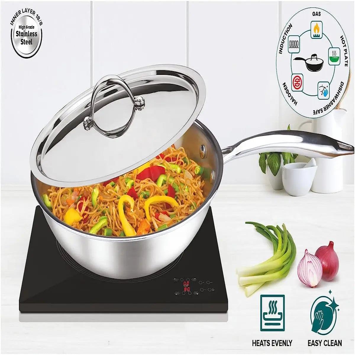 SignoraWare Artista Tri-Ply Stainless Steel Induction Compatible Triply WOKPAN / DEEP FRYPAN with Stainless Steel Lid (Induction and Gas Compatible), 22cm, Capacity 2200 ml,Set of 1, Silver
