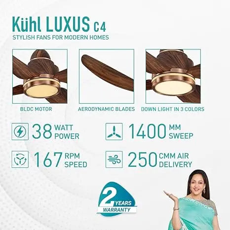 KUHL Stylish Fan Luxus C4 Teakwood| 5 Star Rated| BLDC Technology| Low Power 38W| High Air Flow|Low Noise| 4 Aerodynamic ABS Blades| Night & Down Light|Operate on Remote - Mobile - Alexa|Reverse Mode
