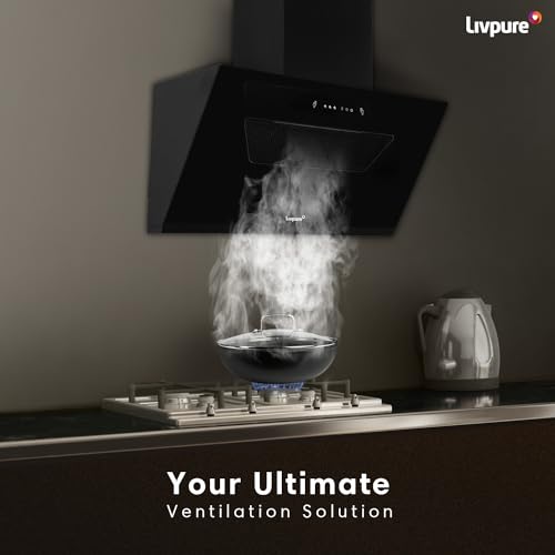 Livpure Emerald-Neo-90 1400 m3/hr Slant |Filterless Auto-Clean Kitchen Chimney with oil collector|10 Year Warranty On Motor (2 Year Comprehensive), (Touch And Gesture Control, Black)
