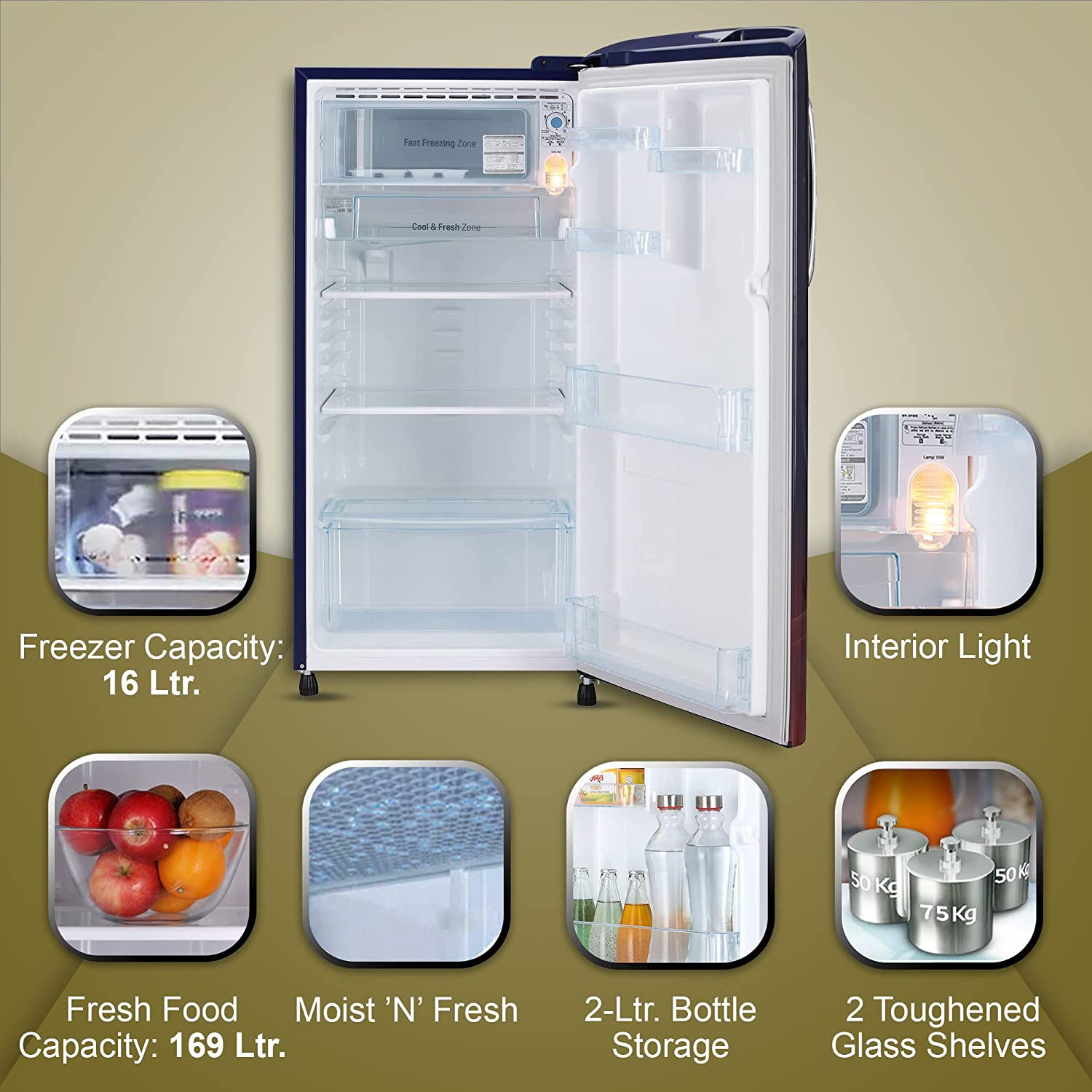 LG 185 L 3 Star Direct-Cool Single Door Refrigerator (GL-B201ABPD, Blue Plumeria, Moist 'N' Fresh, Gross Volume- 190 L)