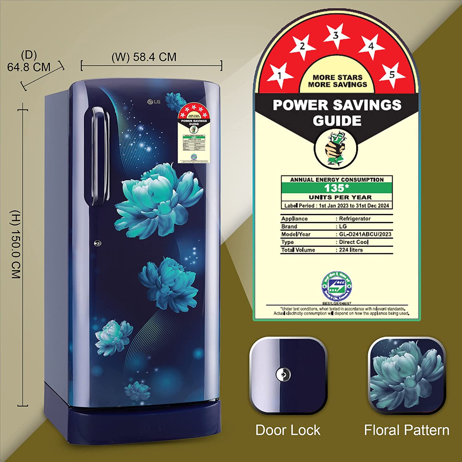 LG 224 L 5 Star Refrigerator GL-D241ABCU Blue Charm