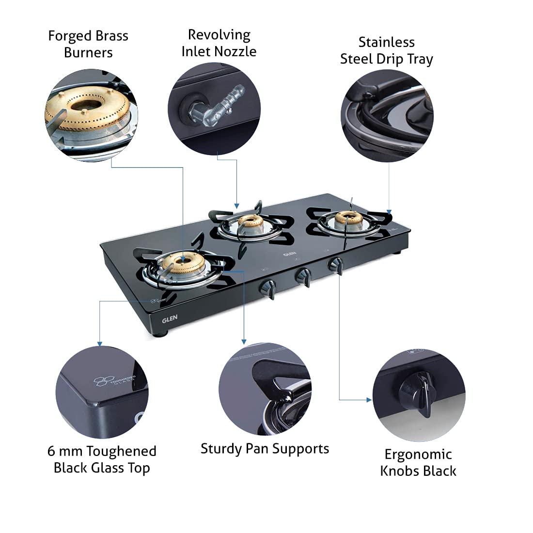 GLEN Stainless Steel 3 High Flame Forged Brass Burner LPG Glass Gas Stove with Double Drip Tray (Extra Wide, Black, Manual Ignition, 1033 GT XL FB DD BL)