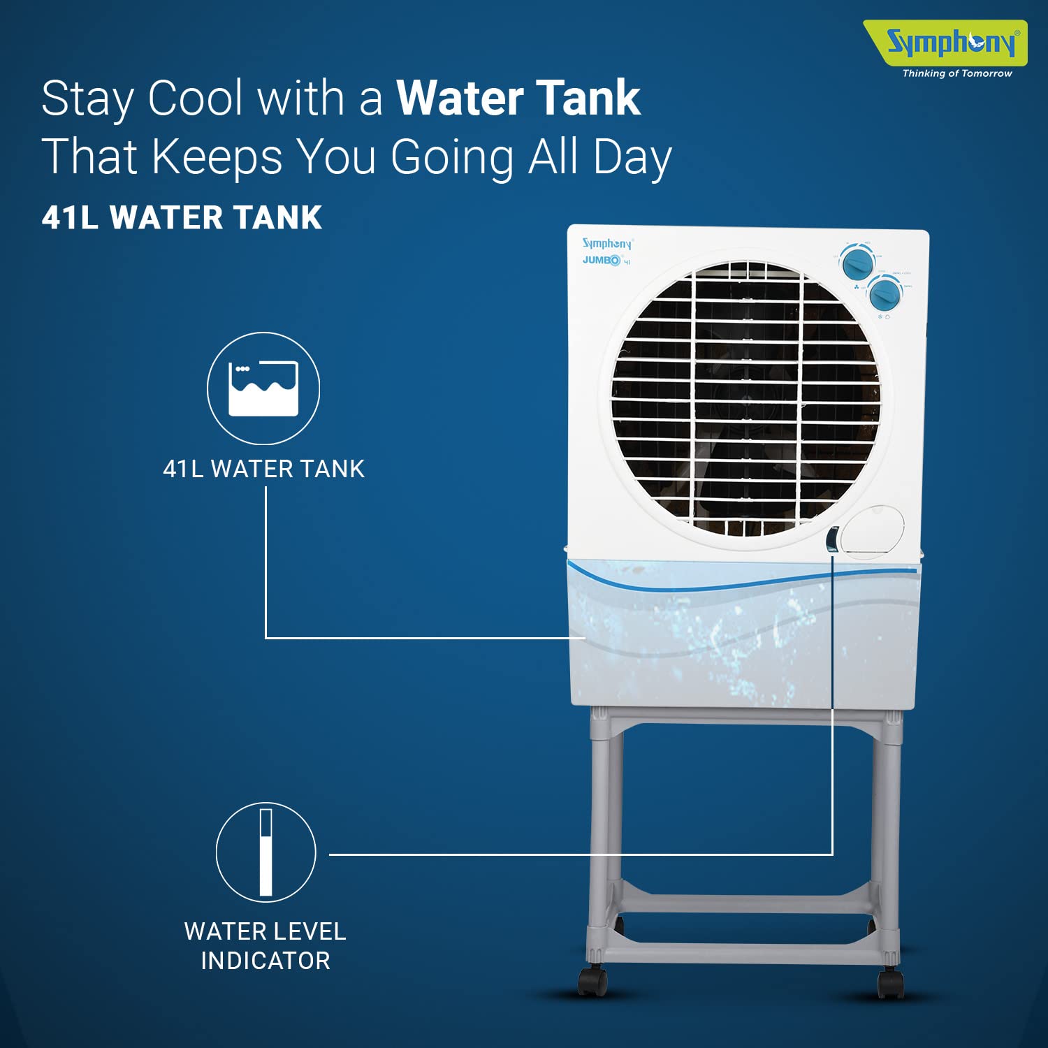 Symphony Jumbo 41 Desert Air Cooler for Home with Aspen Pads, Powerful Fan, Cool Flow Dispenser and Free Trolley (41L, White)