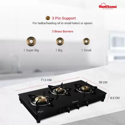 Sunflame Crystal 3 Burner (3B) BK Auto Ignition
