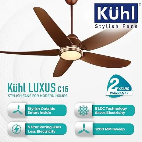 KUHL Stylish Fan Luxus C15 | 30W | BLDC Technology | 5-Star Rated | Operate on Remote-Mobile-Alexa | Night & Down Light |1200 mm sweep | Aerodynamic ABS 4 Blades | Reverse Mode | Brown (C15, Brown)
