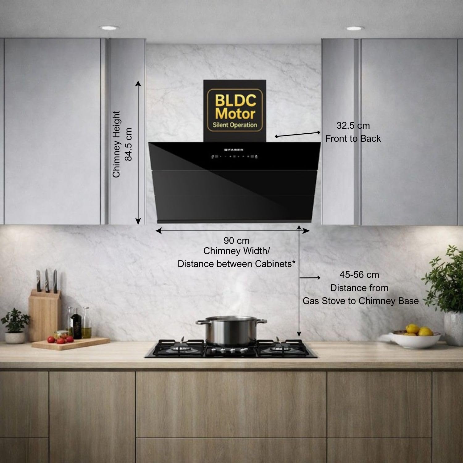 Faber Energy 90cm BLDC Chimney|1500m³/hr|9 Speed|Silent Hood|Efficient|Filterless|Touch&Gesture Control