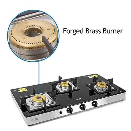 Glen 3 Burner Glass Cooktop 1038 SQ GT Forged Brass Burners