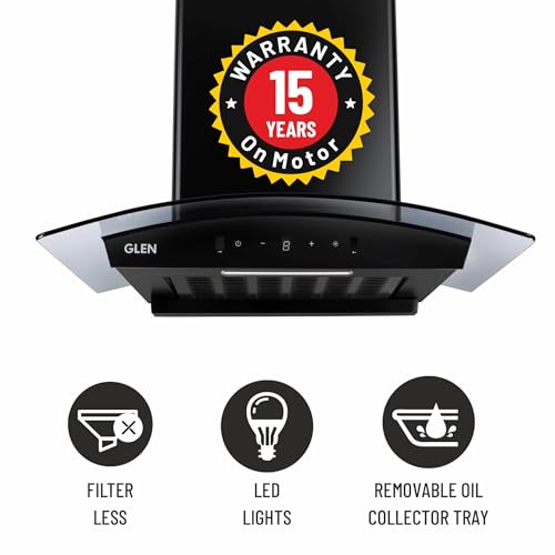 Glen Auto Clean Curved Glass Filter-less Kitchen Chimney 76cm, Motion Sensor control with Digital Display 1500 m3/h (6059 DI BL AC)