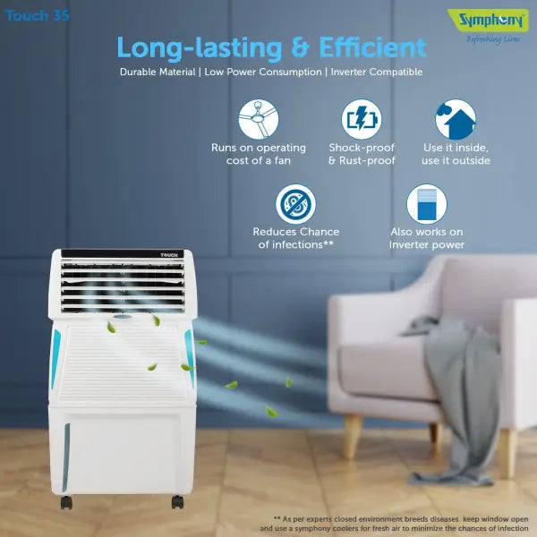 Symphony Touch 35 Personal Air Cooler with Honeycomb Pads (35L, White)