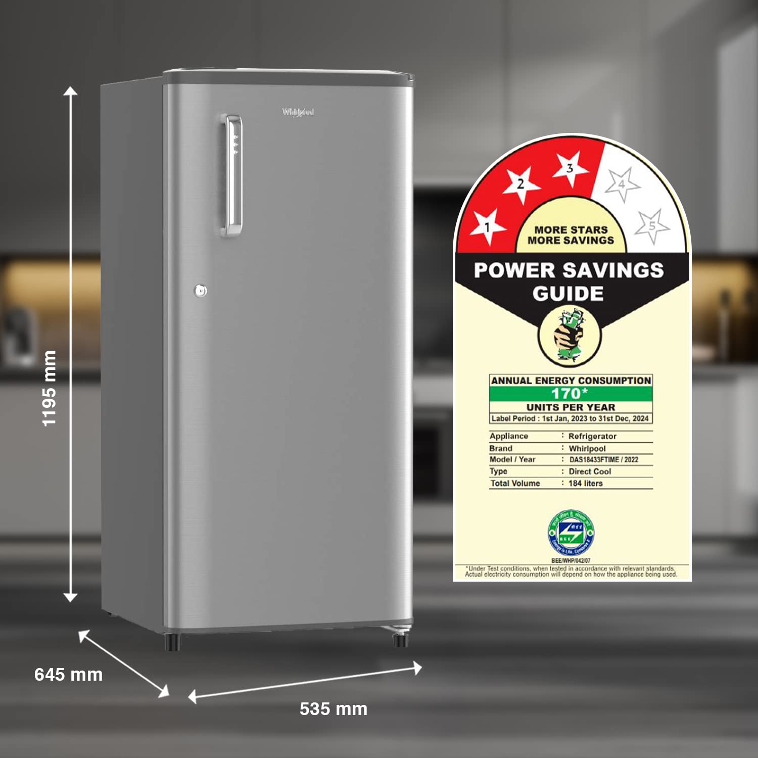Whirlpool 184 L 3 Star Direct-Cool Single Door Refrigerator (205 WDE PRM 3S MAGNUM STEEL-Z, Magnum Steel, Grey, 2023 Model)