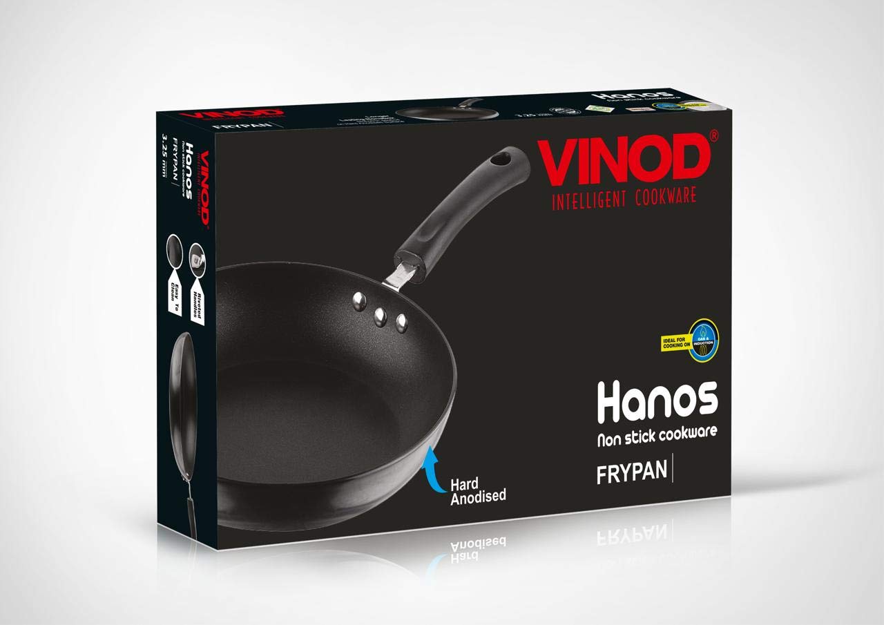 Vinod Hanos Non-Stick Fry Pan 24 cm Diameter, Hard Anodised Non-Stick Coating with 100% Virgin Bakelite Riveted Handle - Black (Induction and Gas Stove Friendly)