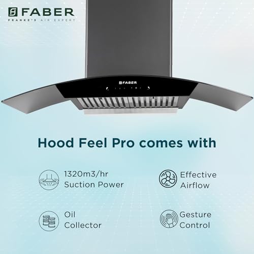 Faber 90 cm 1320 m³/hr Curved Glass Kitchen Chimney | 3 Layer Baffle Filter | Gravity Suction| Touch&Gesture Control | Oil Collector | 12 years warranty on Motor| Hood Feel Pro TC SC BF BK 90