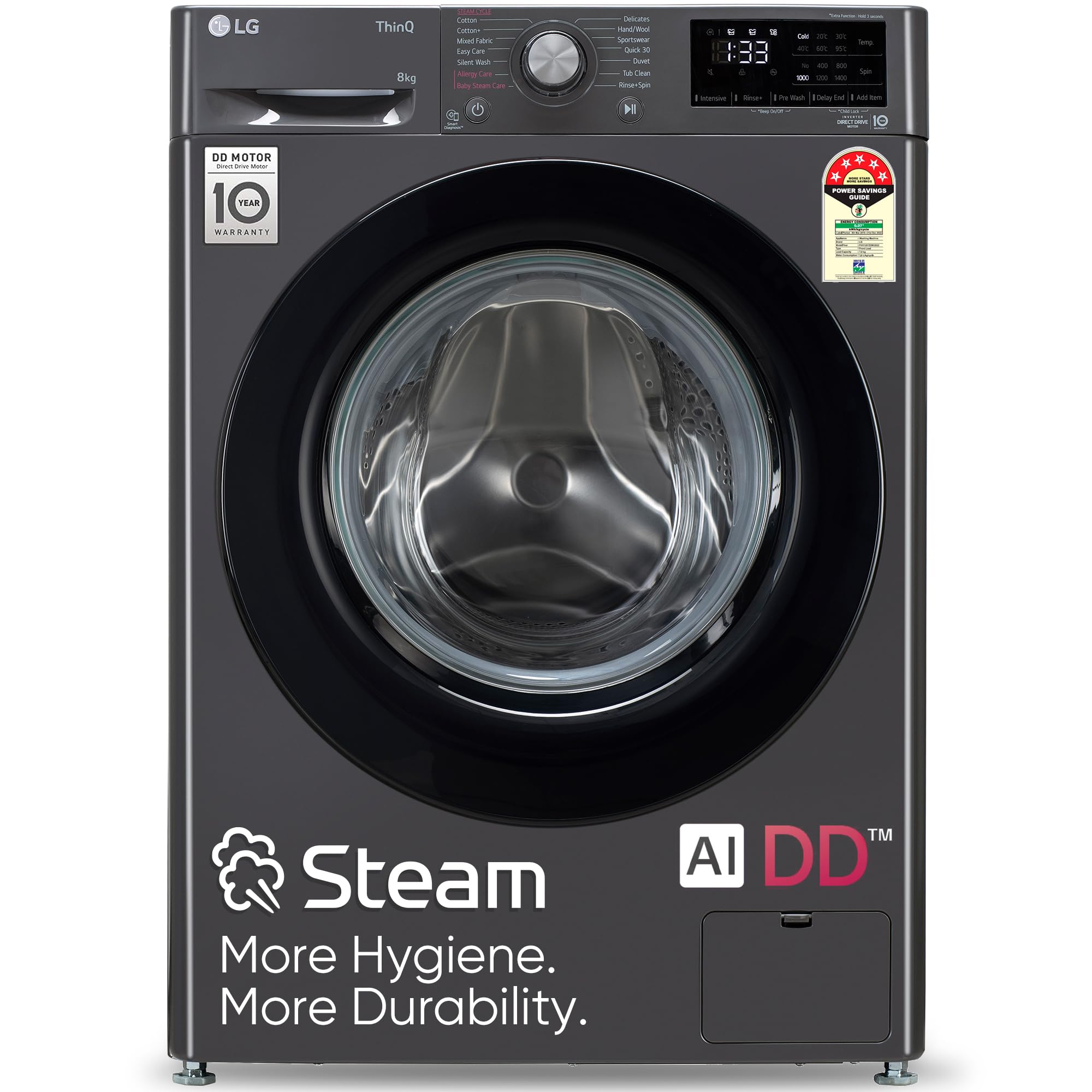 LG 8 Kg, 5 Star, AI Direct Drive Technology, Steam & 6 Motion DD Fully-Automatic Front Load Washing Machine (FHP1208Z3M, Intelligent & Convenient Fabric Care, Allergy Care, Middle Black)