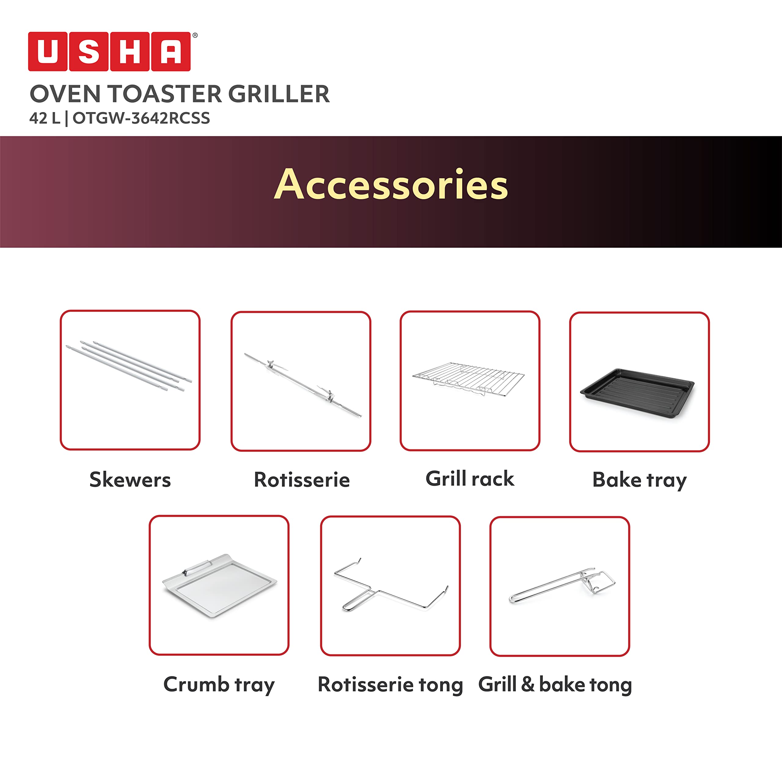 USHA 3642Rcss 42 Liters Oven Toaster Grill With Rotisserie And Convection, 2000 Watts, 6 Mode Heating Function (Stainless Steel & Wine)
