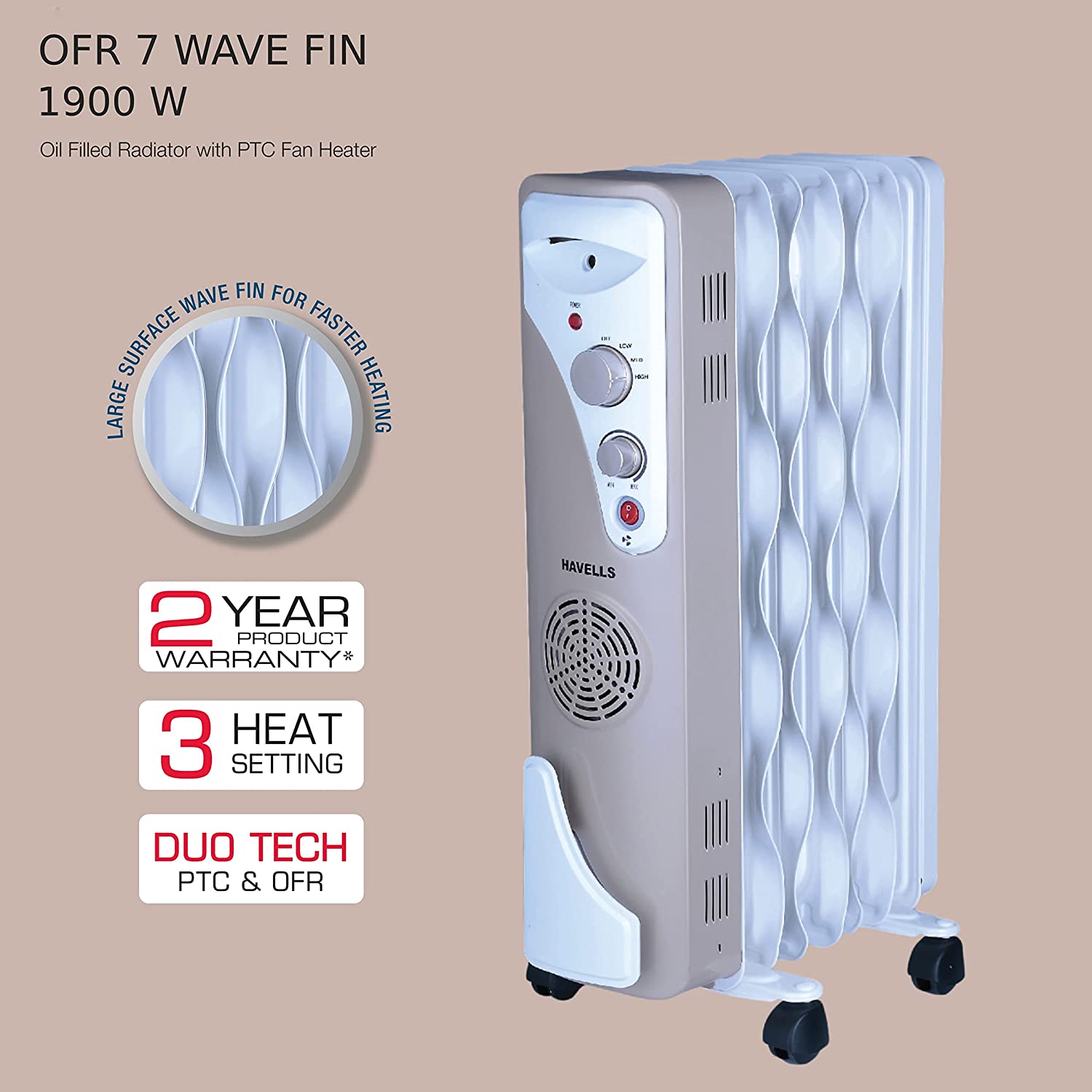 Havells OFR 7 Wave Fins with Fan 1900 watt (Beige), (GHROFBYC190)