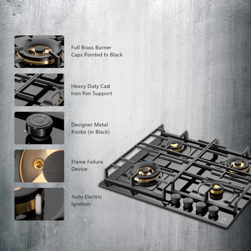 KAFF HBR 604 Built-in Hob/Hobtop 4 Burners, Auto Electric Ignition Glass Top, 60 CM, Powerful Brass Burners, 8 MM Thick Toughened Glass, Enamelled Matt Grills (Black)