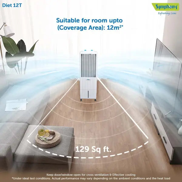 Symphony Diet 12T Personal Tower Air Cooler for Home with Honeycomb Pad, Powerful Blower, i-Pure Technology and Low Power Consumption (12L, White)
