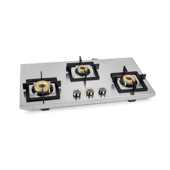 Glen 3 Burner Ultra Tuff Free Standing Hob with Forged Brass Burners Auto Ignition (BH 1073 XL SQ FS UT SS AI)