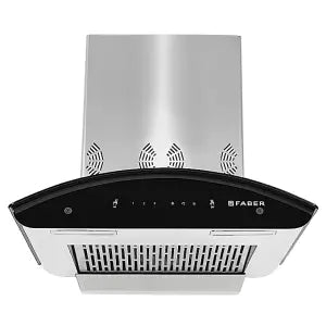 Faber HOOD EVEREST SMART 3D IND HC SC SS 60 kitchen chimney front view with curved black glass and stainless steel body