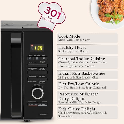 LG 28 L Charcoal Convection Healthy Microwave Oven (MJ2887BIUM, Black, Healthy Heart Recipes, Diet Fry, 360° Motorised Rotisserie & 10 Years of warranty on Charcoal Heater)