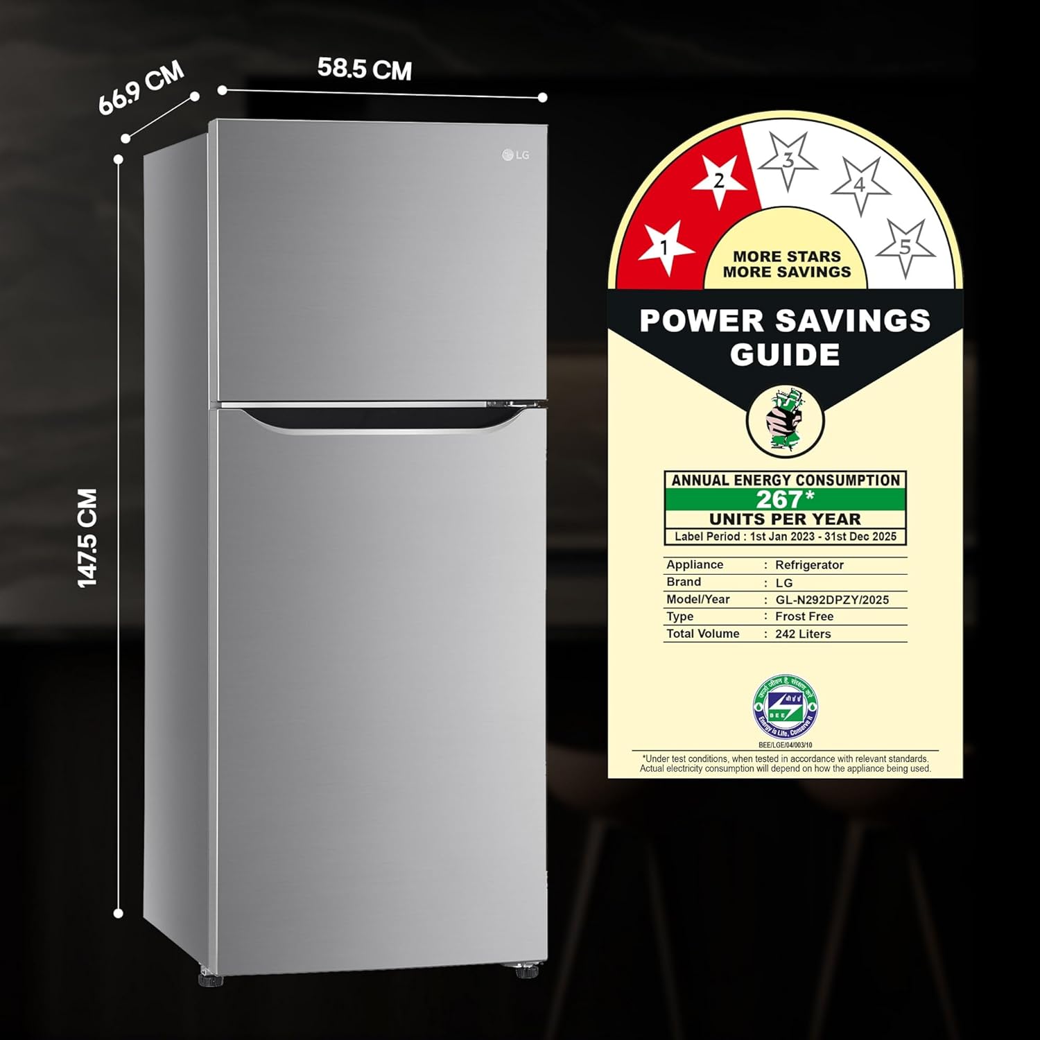 LG 242L 2 Star Smart Inverter Compressor Double Door Refrigerator (GL-N292DPZY, Shiny Steel) with Multi Air Flow and Frost-Free Technology