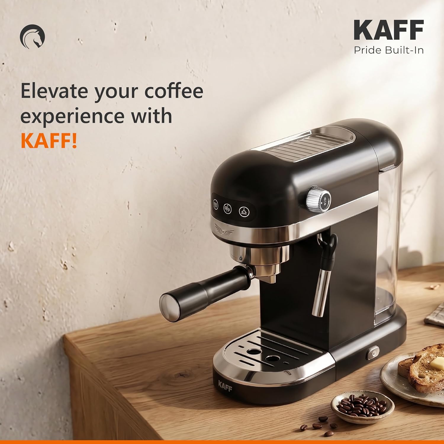 KAFF Fontana 1350 Watts Espresso Coffee Maker, 19 Bar High Pressure Pump, Steam Espresso Coffee, Detachable Frothing Nozzle Coffee Machine For Home Black