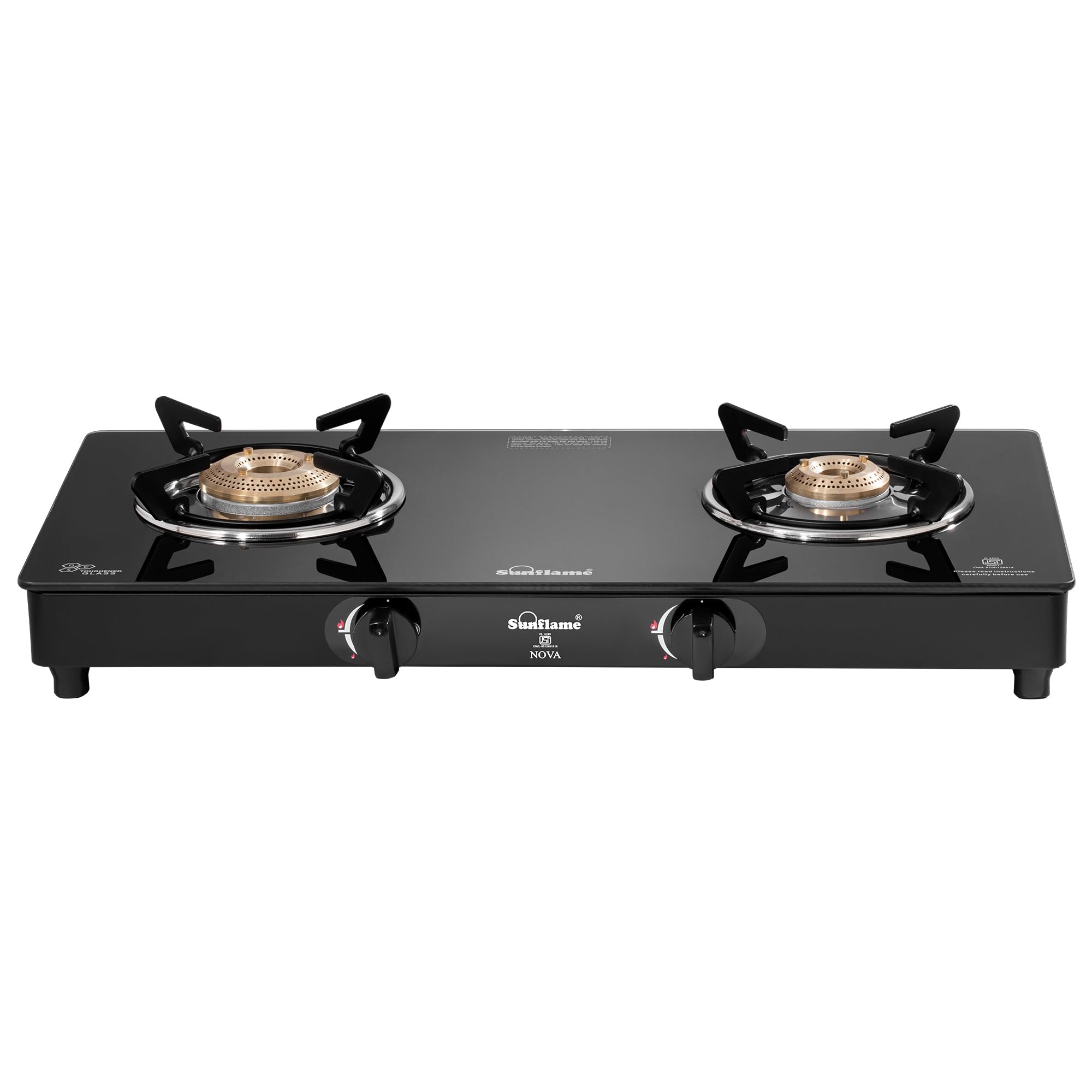 Sunflame Crystal Nova 2 Burner Gas Stove | Dual Drip Trays | 1 Jumbo and 1 Small Brass Burners | 2 Years Product Coverage by Sunflame | Manual Ignition | Toughened Glass Top
