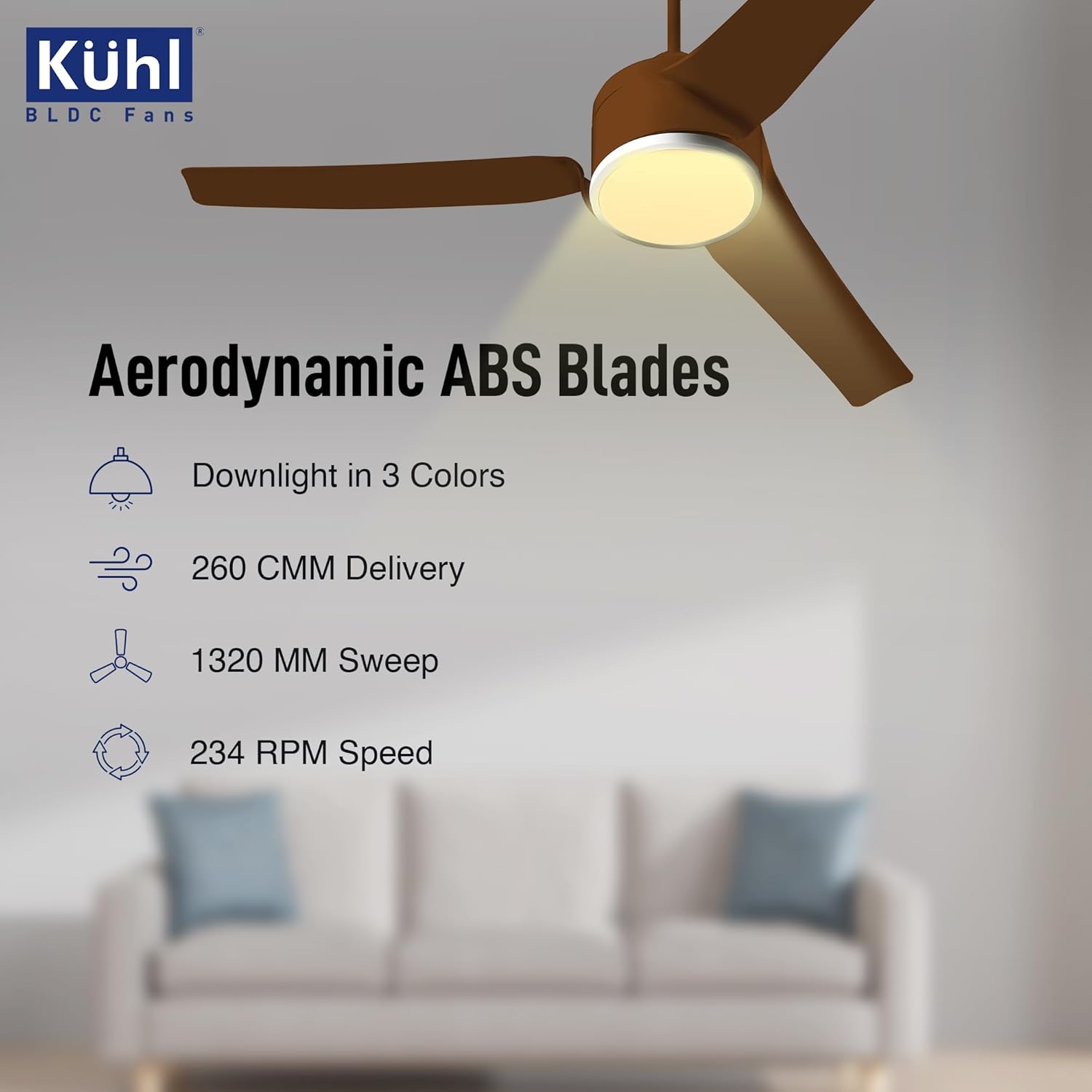 KUHL Ritzz R3 1320mm BLDC Ceiling Fan - 65% Power Saving, BEE 5 Star & ISI Marked, High Air Flow, IoT & Alexa Compatible - Brown