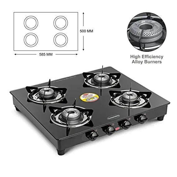 Padmini Four Burner Glass Top Gas Stove (CS-4GT Prima Auto)-Black