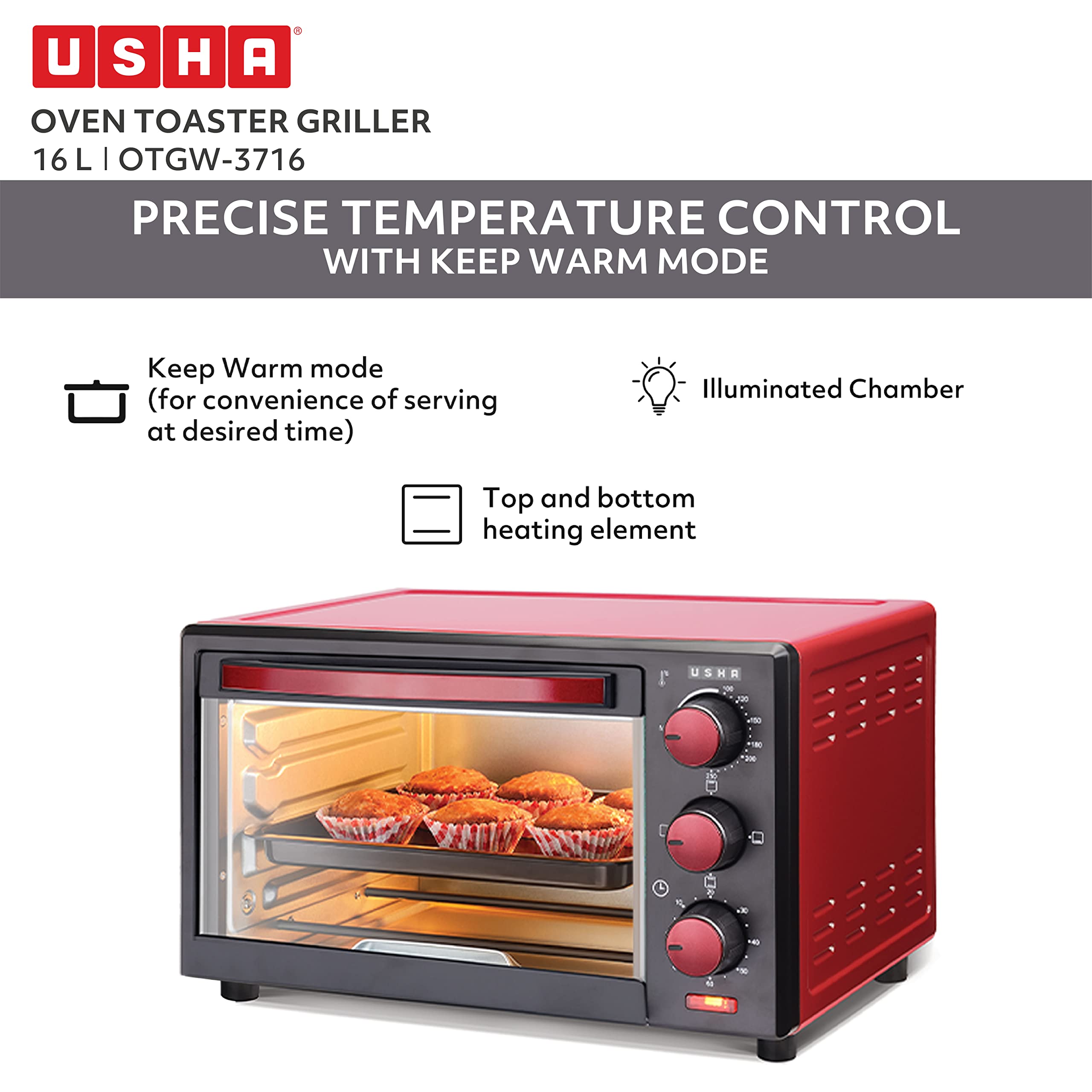 Usha 3716 16 Liters Oven Toaster Grill with 5 Accessories, 1200 W, 3 mode Heating Function(Maroon)