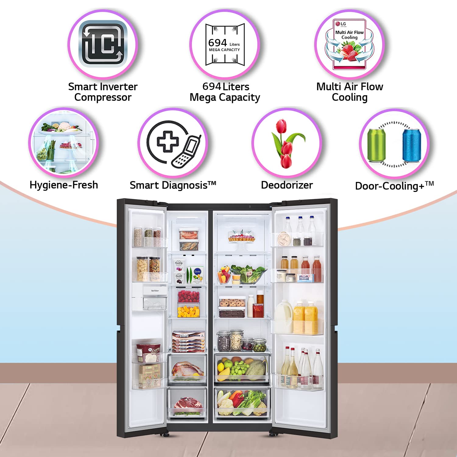 LG Side-by-Side Refrigerator GC-B257UGLW: 694L Frost Free Smart Inverter, Linen White